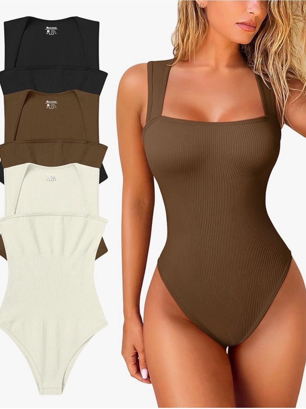 OQQ pack of 3 Ribbed Square Neck Bodysuit Tank - Brown
